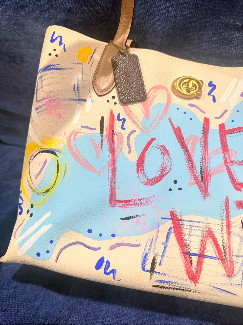 Painted Beige Coach Bag with Hand Painted Graffiti - Picture 4 of 9